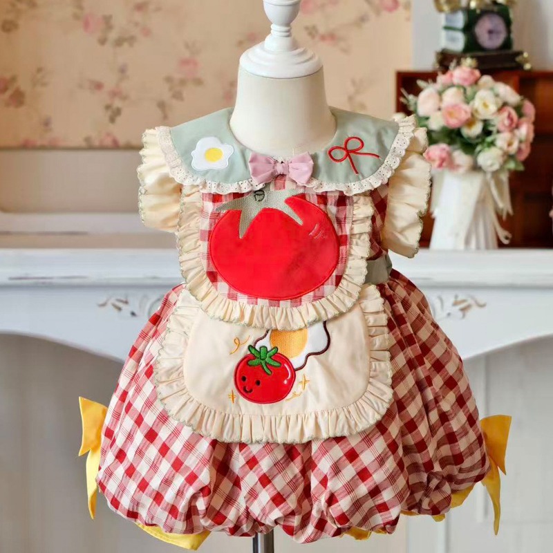 Embroidery Apron - Cottagecore Kinder-Lolita-Kleid mit rotem Karomuster, Tomaten-