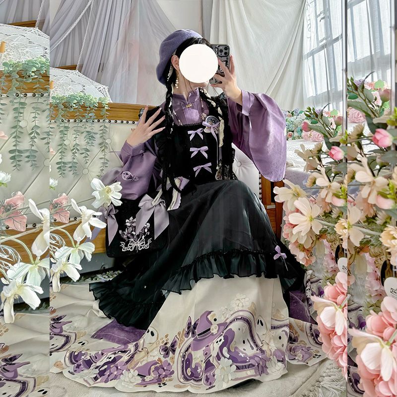 Embroidery Apron - Süße Chinesische Stehkragen Lila Lange Hemd