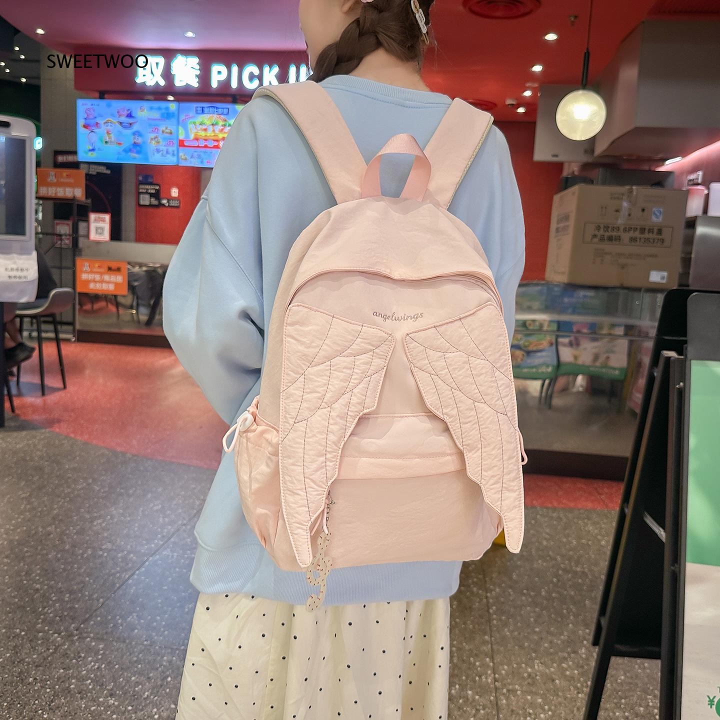 Embroidery Quilting - Damen-Rucksack mit rosa Engelsflügeln, gesteppte Flügel-Stickerei,