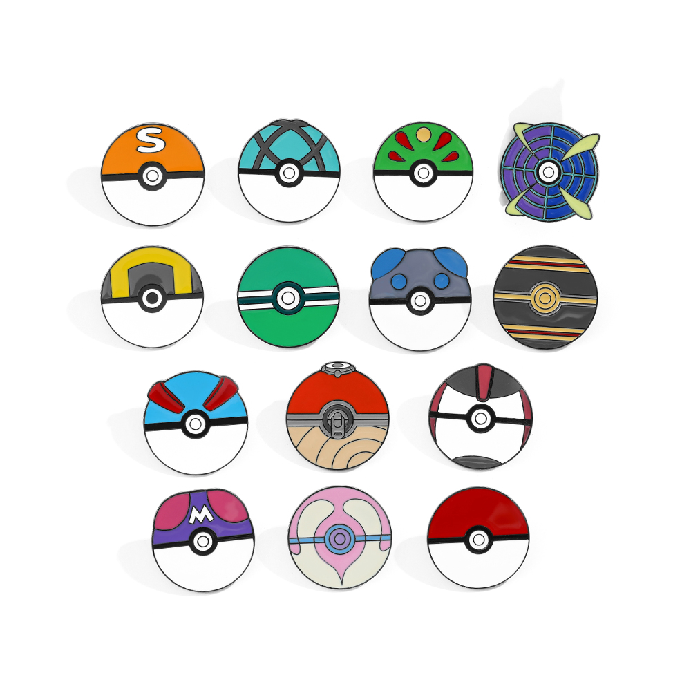 Embroidery Simple - 14-teiliges Cartoon-Broschen-Set: Minimalistische Poké-Bälle, Emaille-Pins für