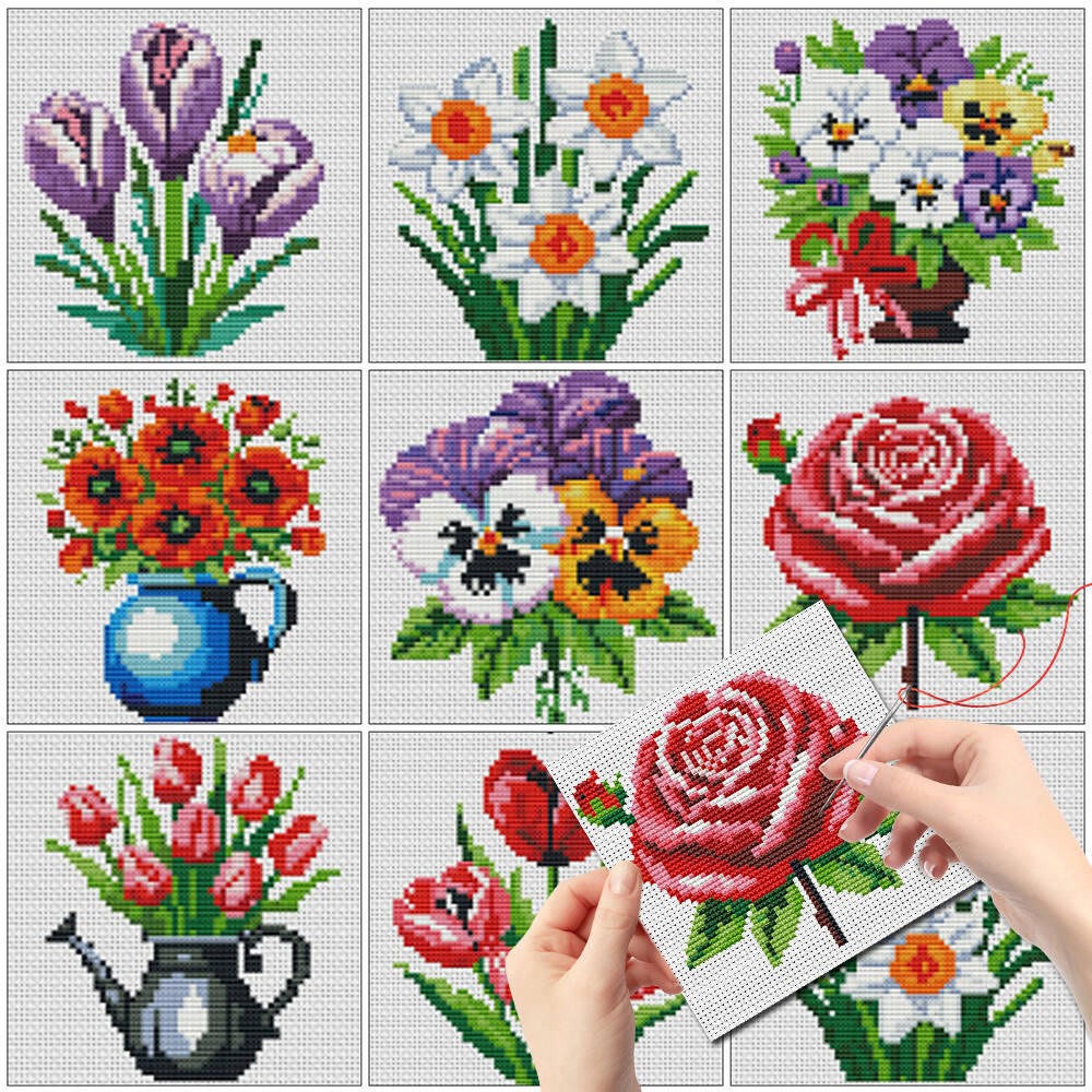 Embroidery Rose Stitch - Evershine 8-teiliges Mini-Blumen-Kreuzstich-Set, Vase-Muster, Rahmenlos, Bedruckte