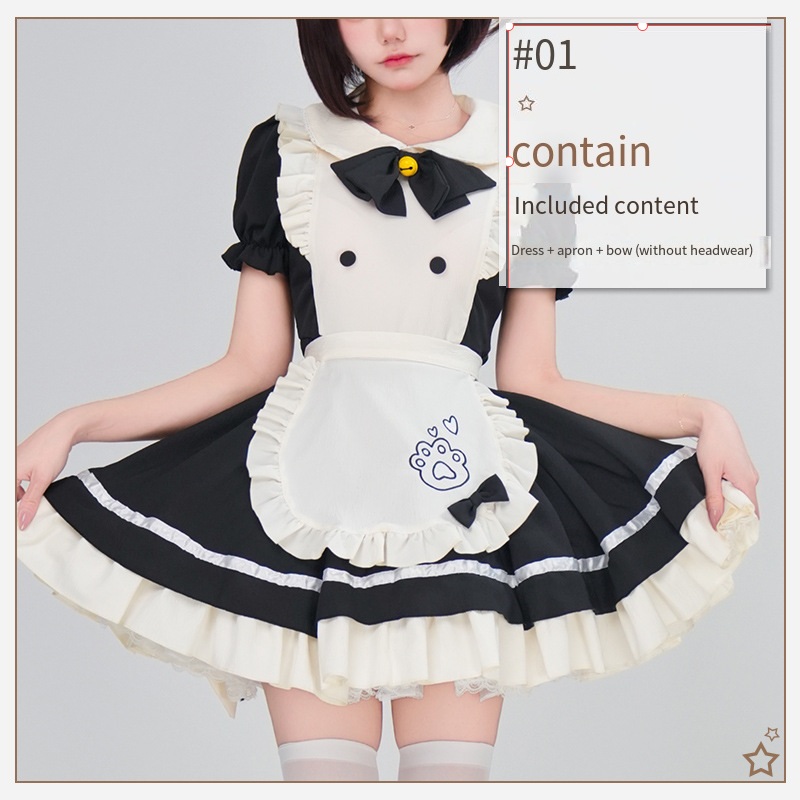 Embroidery Apron - Süßes Lolita-Dienstmädchen-Cosplay-Kostüm in Schwarz-Blau mit Katzenpfoten-Stickerei,