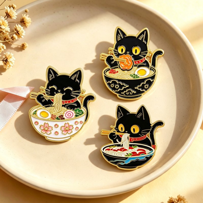 Embroidery Simple - Niedliche Schwarze Katze beim Nudelessen Emaille-Pin,