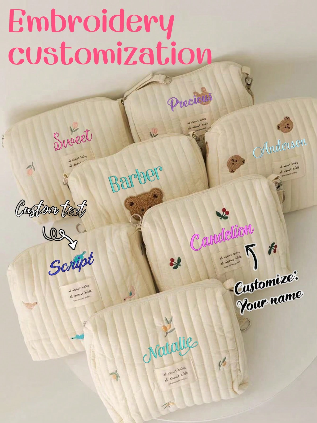 Embroidery Quilting - Personalisierte Bestickte Baby-Wickeltasche Gesteppte Aufbewahrungstasche Niedliche